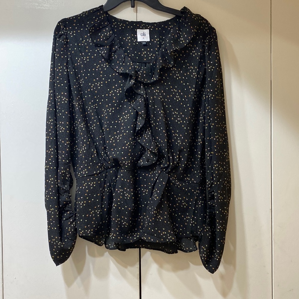 2021 Eros Blouse 4154 Heart Print Ruffles Long Sleeve Black size m/m